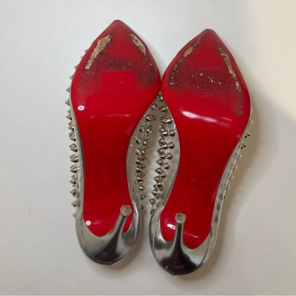Christian Louboutin Metallic Silver Gloss Clear PVC Spike Me 100 Pumps Size 39